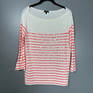 J Crew Collection Women's White/Pink Sequin Striped Preppy T-Shirt - Size Small